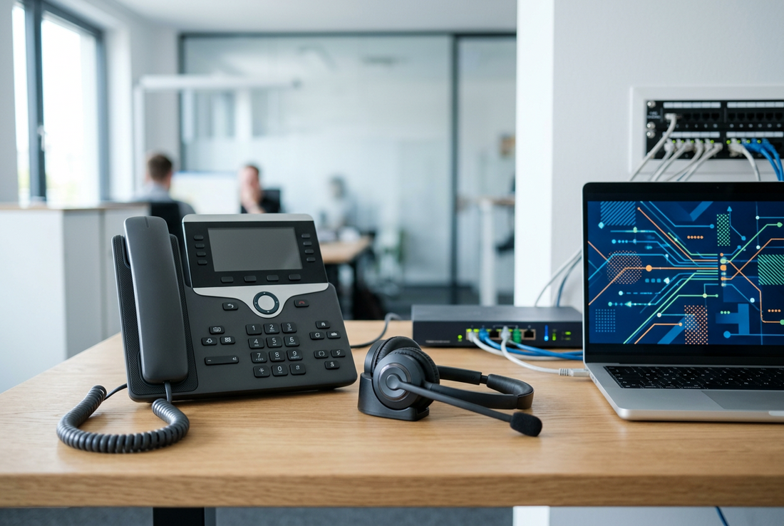 IP-Tischtelefon und Headset auf einem Büroarbeitsplatz mit Netzwerkgeräten im Hintergrund