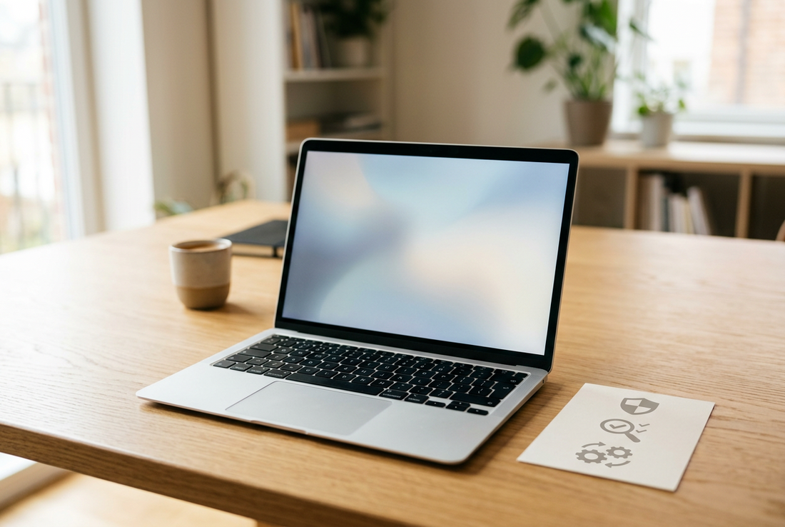 Moderner Laptop und abstrakte Kompatibilitätsprüfung für das Windows-11-Update 26H2